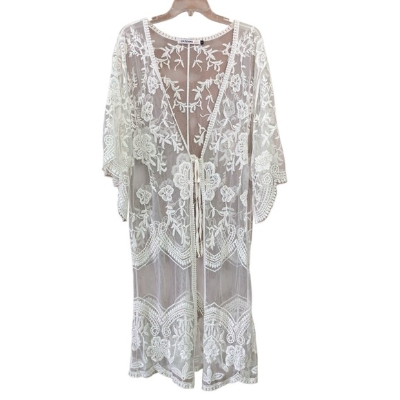 Origami by Vivian Lace Bohemian Long Kimono Duster Coverup Off White (Size F) - Picture 1 of 12